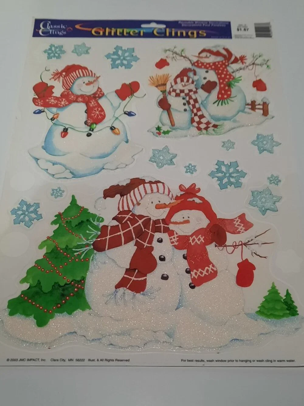 Vintage 2003 Classic Clings Glitter Snowman Christmas Window Clings Reusable